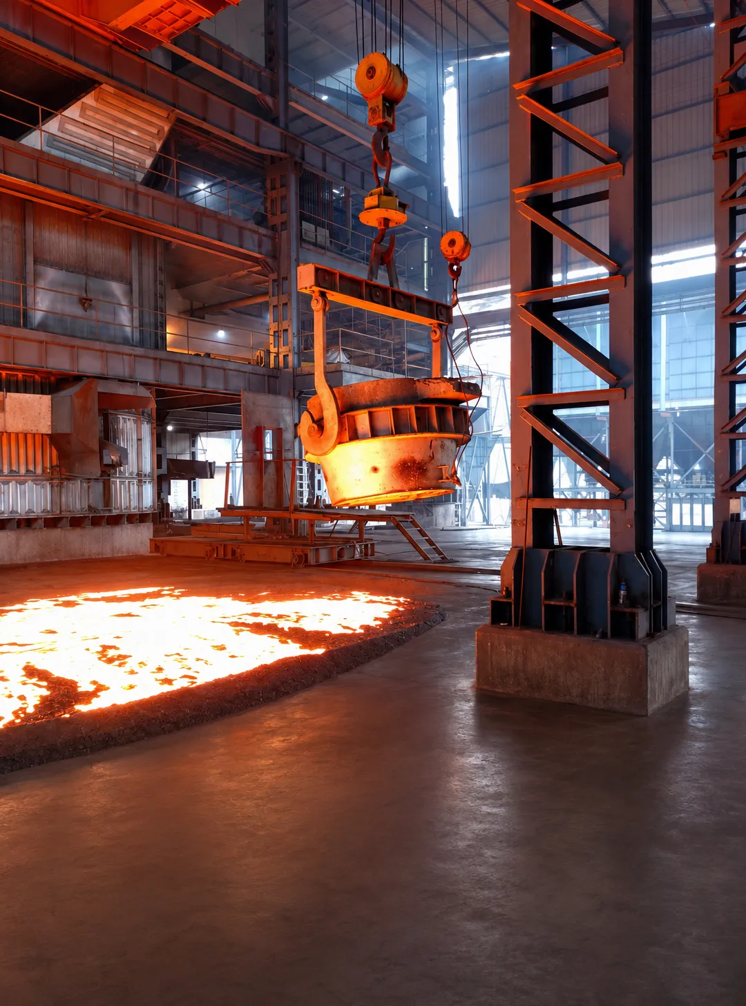 Ferro Silicon furnace hall with molten metal and overhead lifting equipment