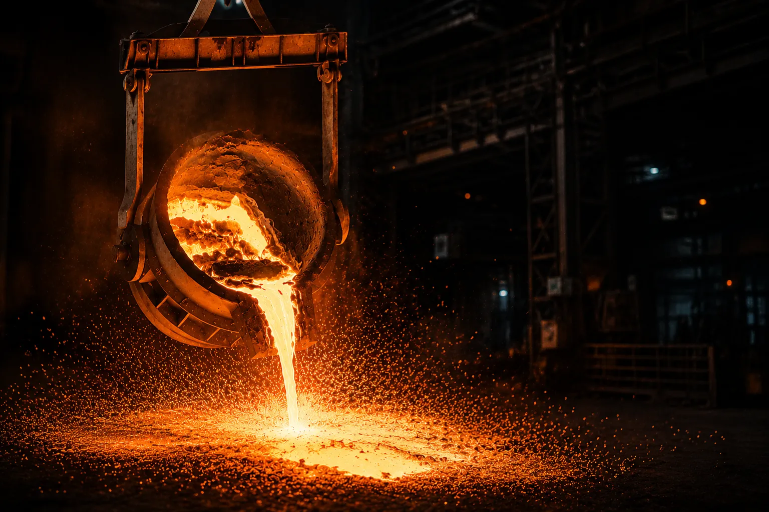 Molten metal being poured from an industrial ladle