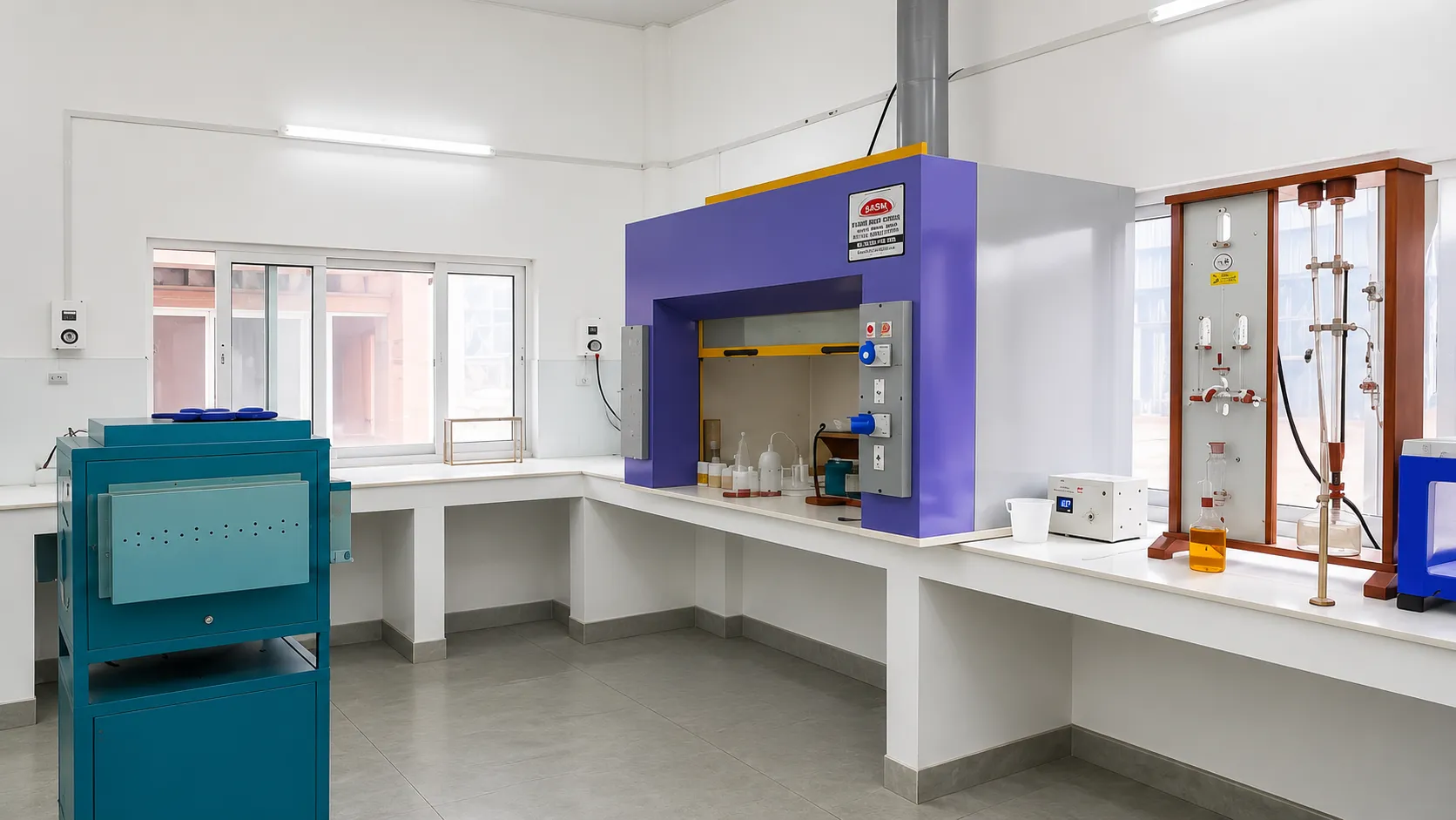 Aja Alloys laboratory fume hood, ashing furnace, and titration setup